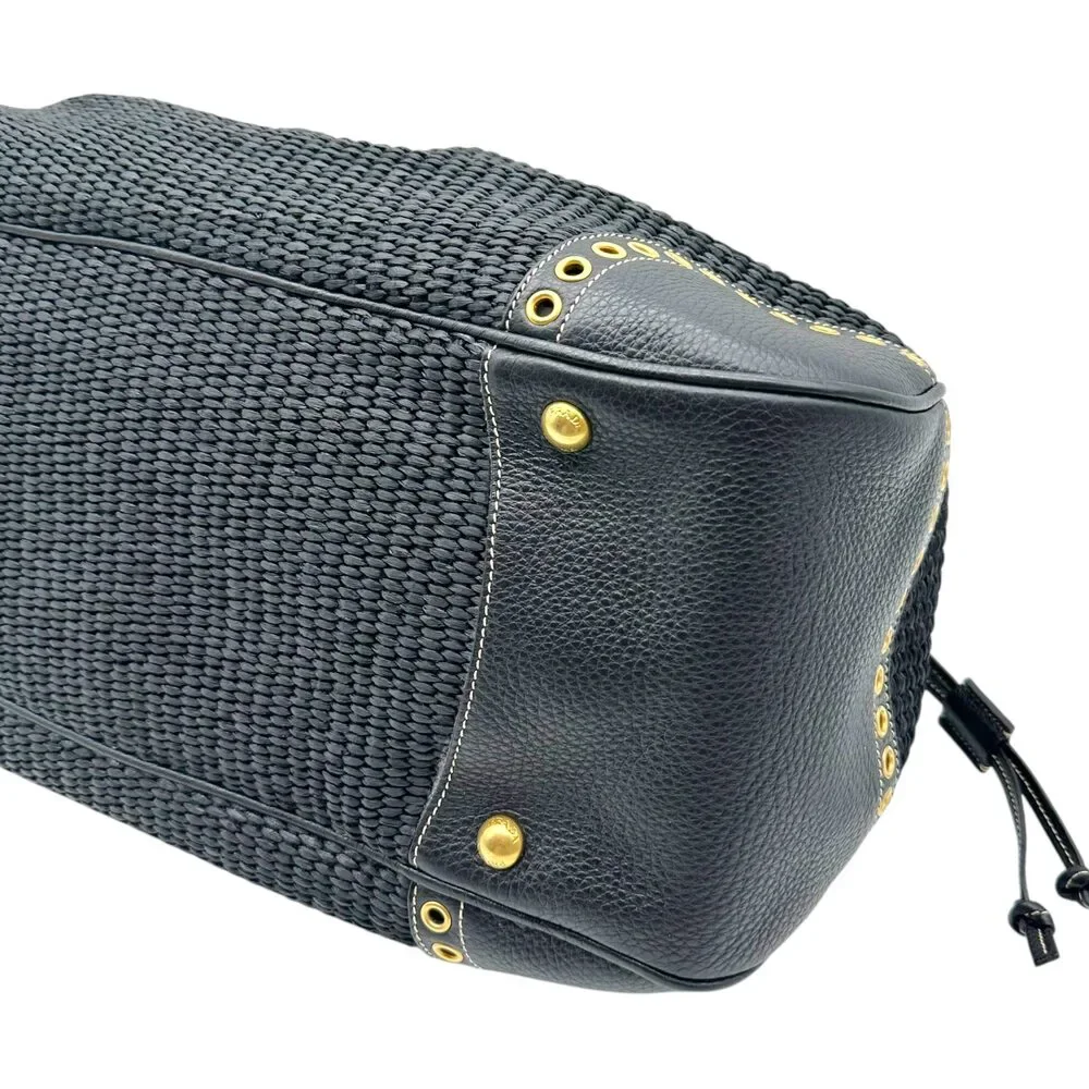 Prada Black Raffia Rivet Studded Doctors Handbag